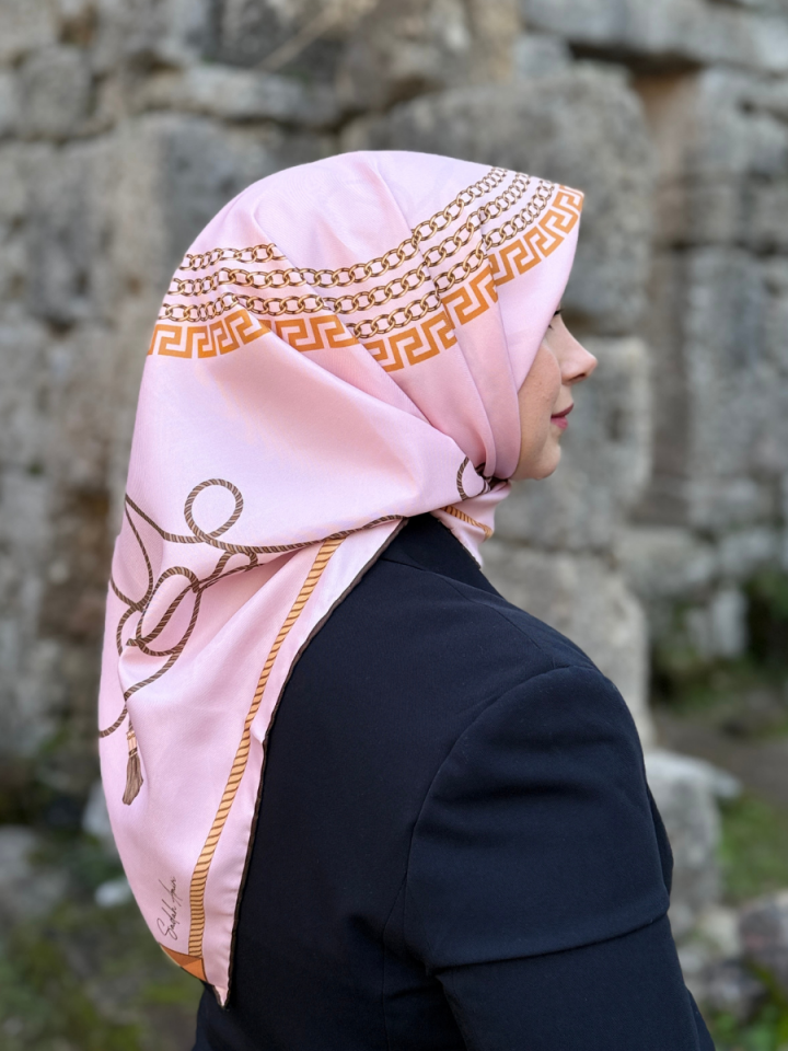 Cords Pembe Gold Zincir Desenli Twill Eşarp