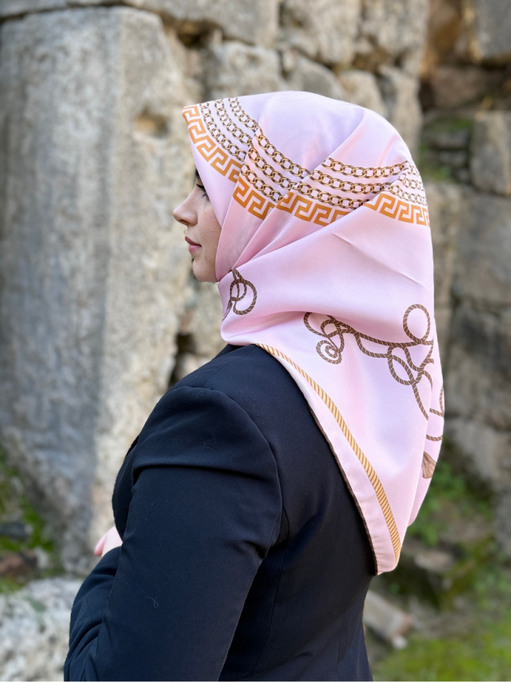 Cords Pembe Gold Zincir Desenli Twill Eşarp