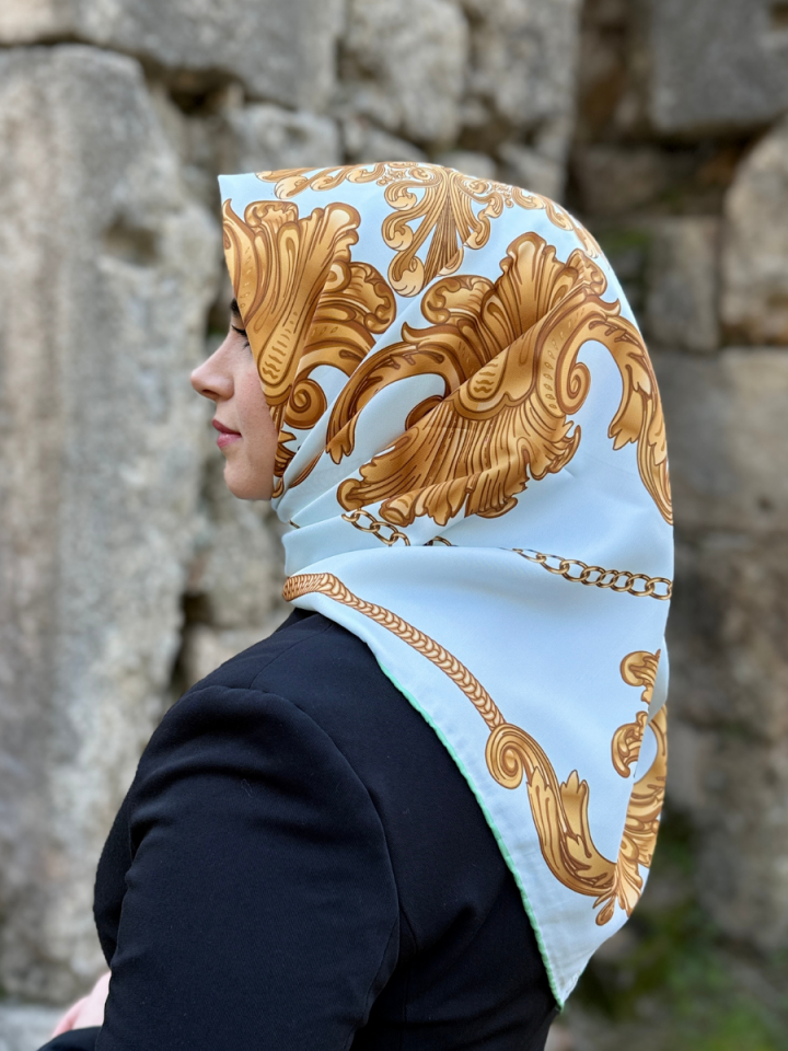 Baroque Yeşil Barok Desen Twill Eşarp