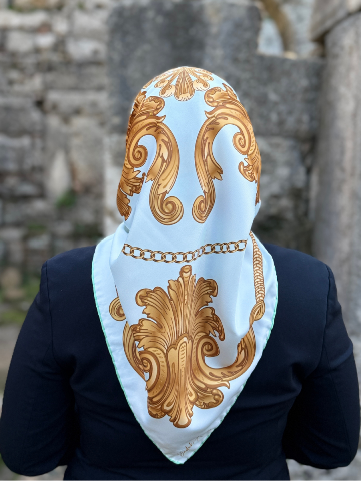 Baroque Yeşil Barok Desen Twill Eşarp