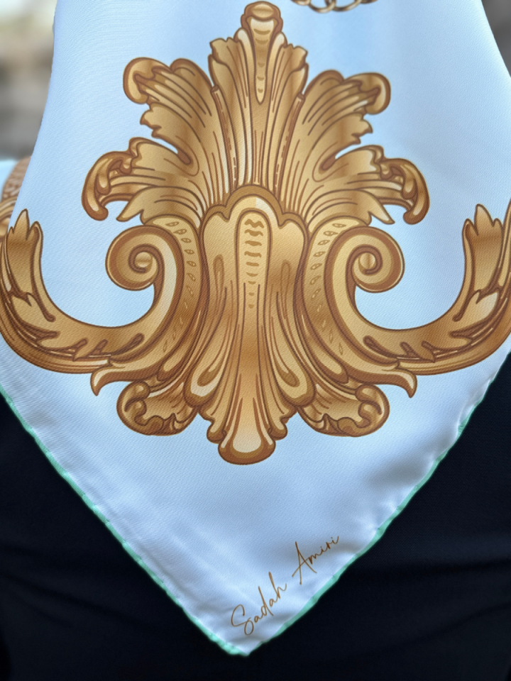 Baroque Yeşil Barok Desen Twill Eşarp