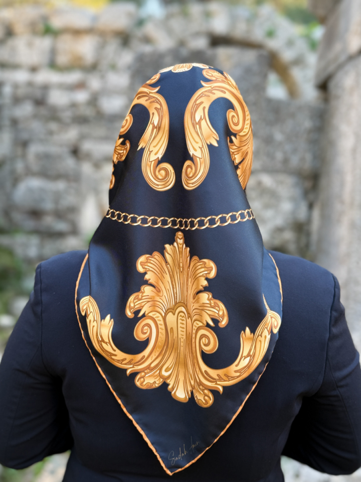 Baroque Siyah Barok Desen Twill Eşarp